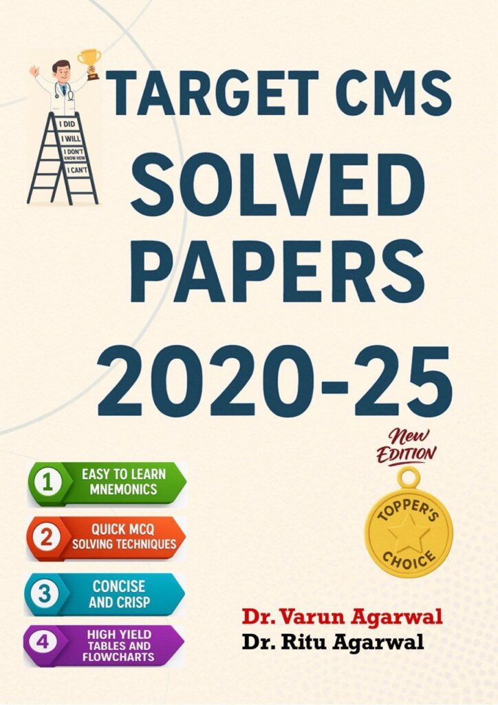 Target CMS Solved Papers 2020-25, UPSC Combined Medical Services Exam Preparation, Previous Year Question Papers with Mnemonics and MCQ Techniques by Dr. Varun Agarwal and Dr. Ritu Agarwal