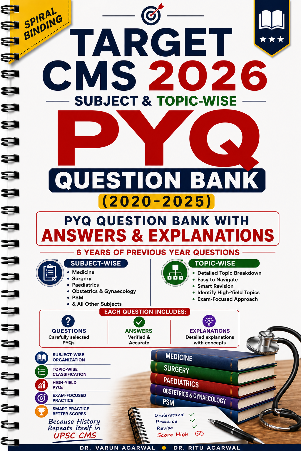 Target CMS 2026 Subject & Topic-Wise PYQ Question Bank (2020-2025), 6 Years of Previous Year Questions with Explanations, Spiral Binding